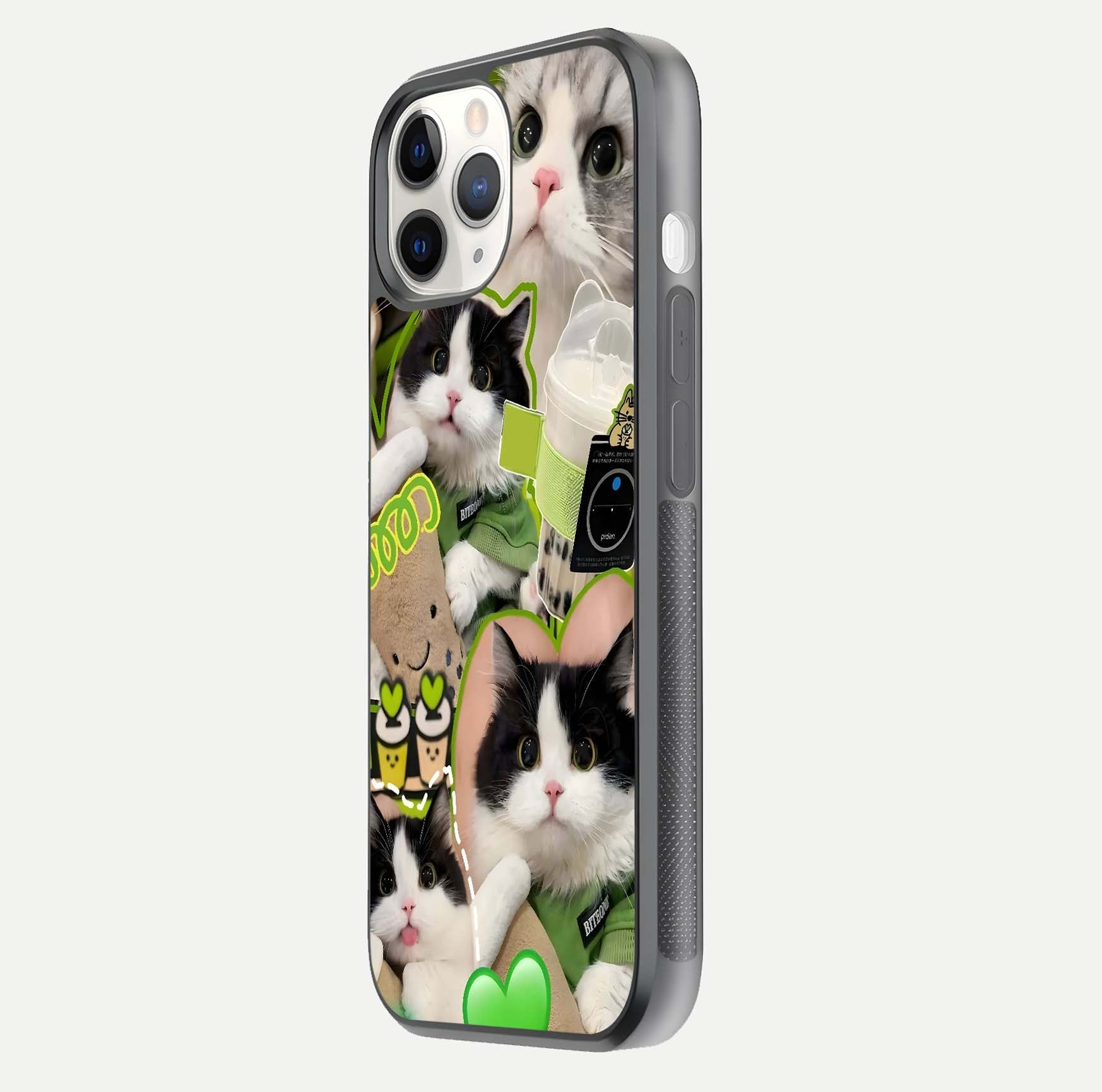 Matcha Cats Mood Glass Case for iPhone 11 Pro side-angle image showing shine clarity and cat pattern charm