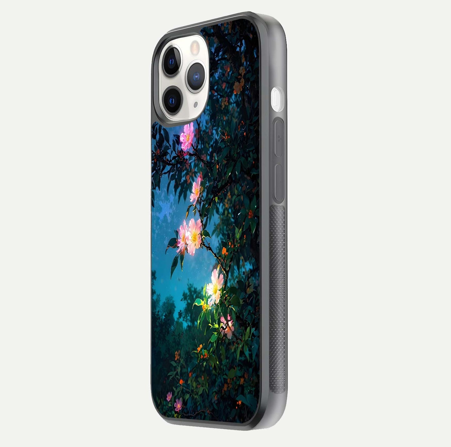 Midnight Bloom Glow Glass Case for iPhone 11 Pro side-angle image revealing reflection and deep midnight hues
