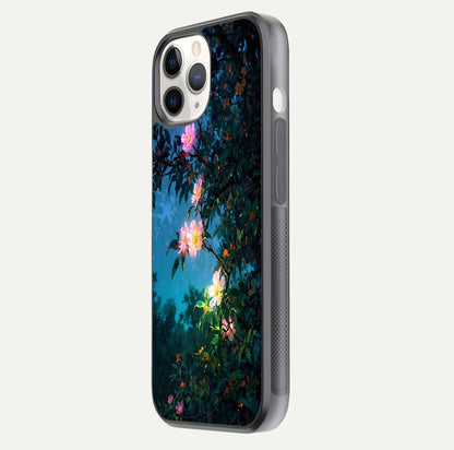 Midnight Bloom Glow Glass Case for iPhone 11 Pro side-angle image revealing reflection and deep midnight hues