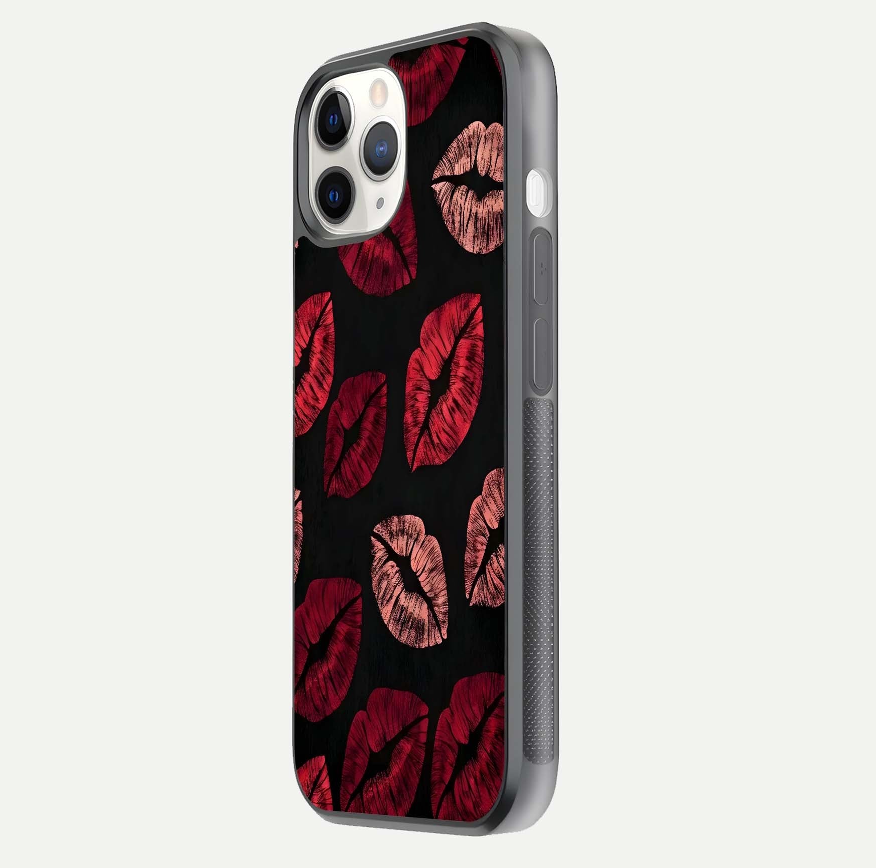 Midnight Kiss Love Glass Case for iPhone 11 Pro side-angle image revealing gloss texture and deep love motif