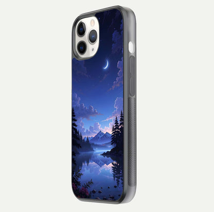 Midnight Lake Peace Glass Case for iPhone 11 Pro side-angle image showing HD shine and tranquil color tones