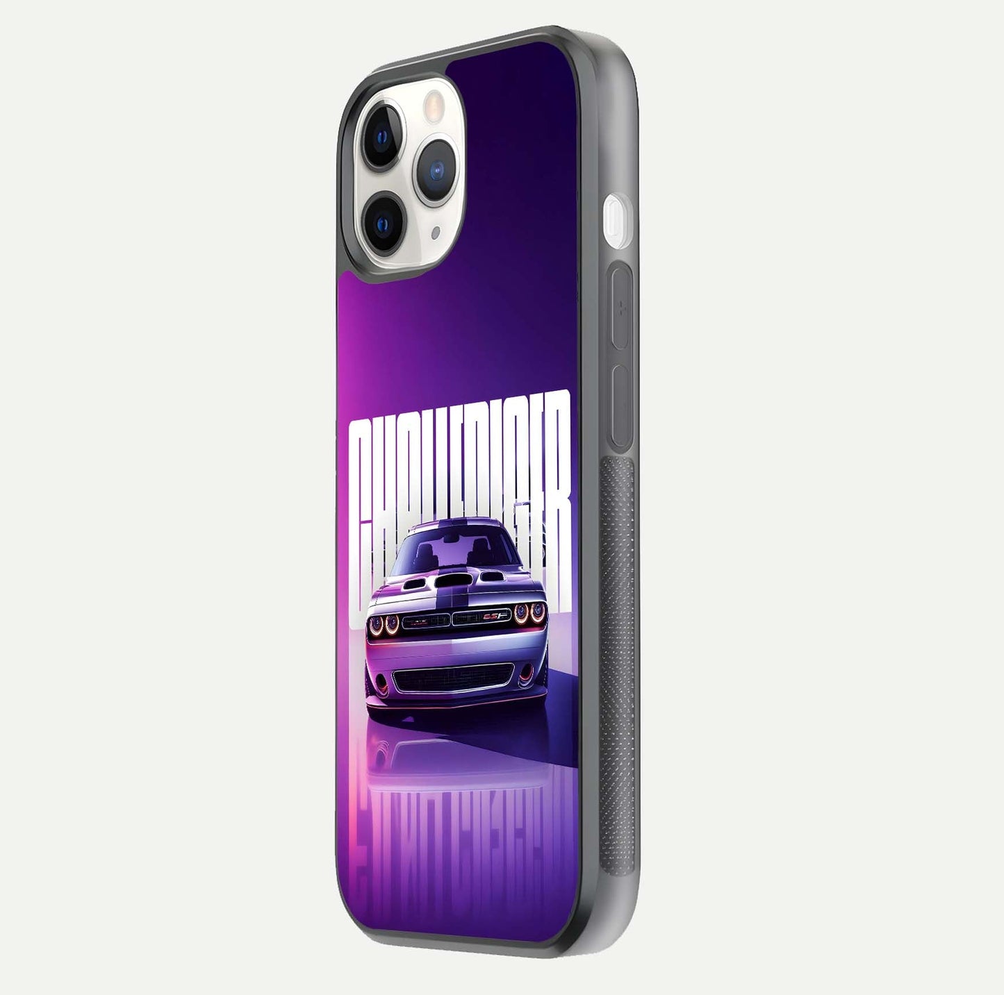 Midnight Muscle Ride Glass Case for iPhone 11 Pro side-angle image showing reflection clarity and bold design