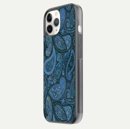 Midnight Paisley Glow Glass Case for iPhone 11 Pro side-angle image revealing reflective gloss and paisley art