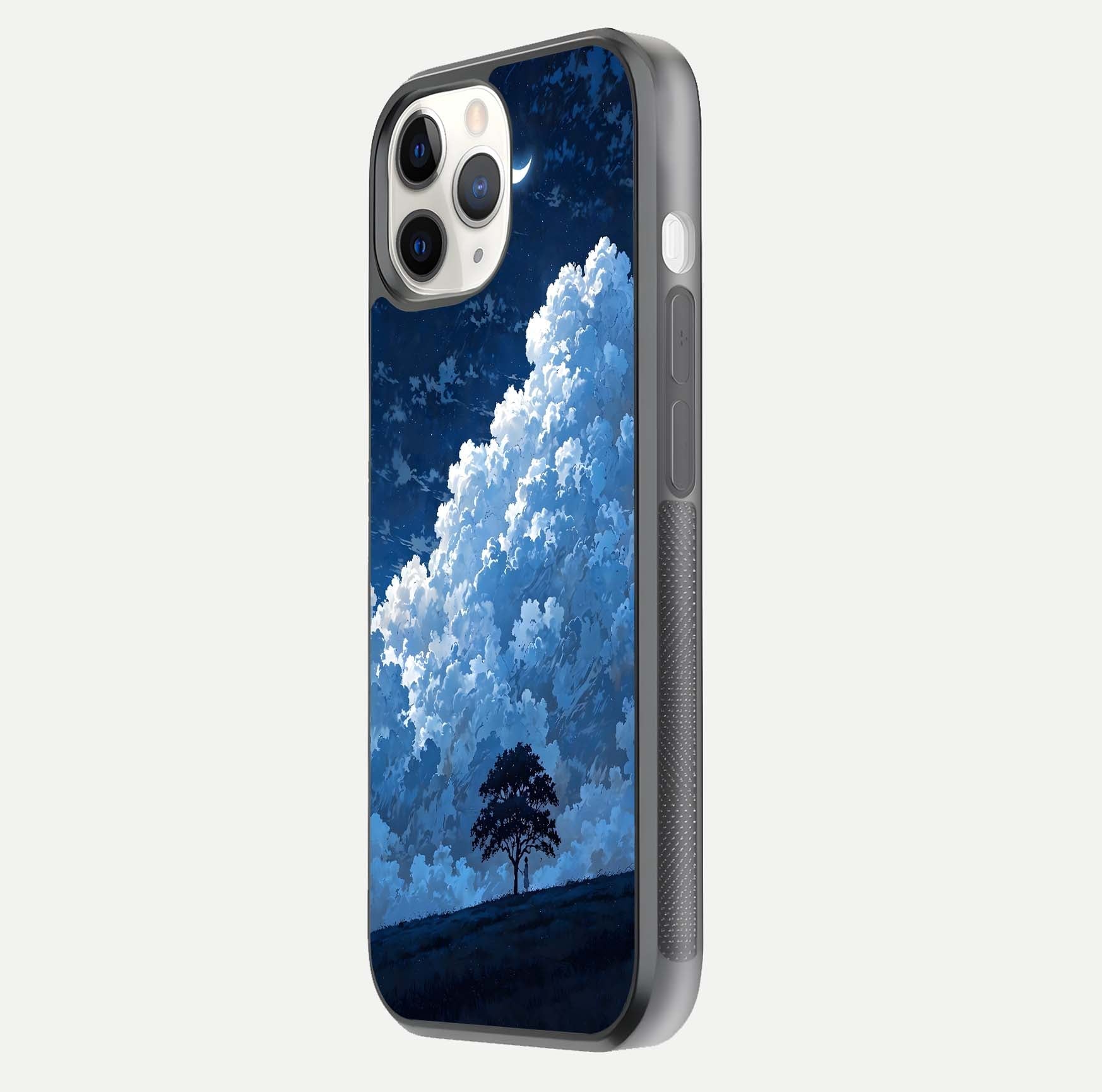 Midnight Sky Serenity Glass Case for iPhone 11 Pro side-angle image showing soft glow and smooth reflection