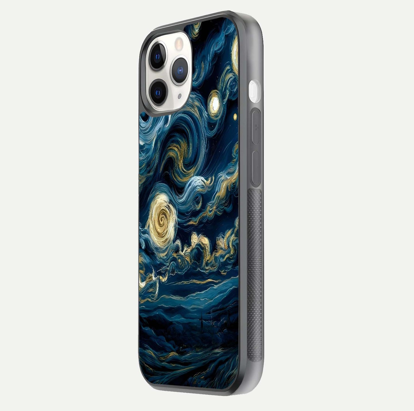 Midnight Sky Whirl Glass Case for iPhone 11 Pro side-angle image showing reflection depth and galaxy pattern