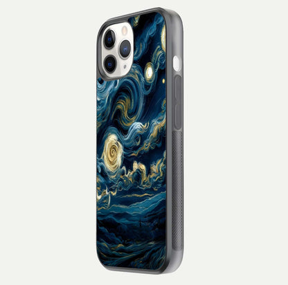 Midnight Sky Whirl Glass Case for iPhone 11 Pro side-angle image showing reflection depth and galaxy pattern