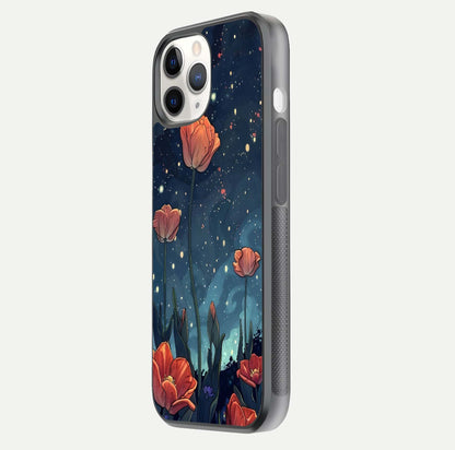 Midnight Tulip Glow Glass Case for iPhone 11 Pro side-angle image showing shine depth and flower artwork