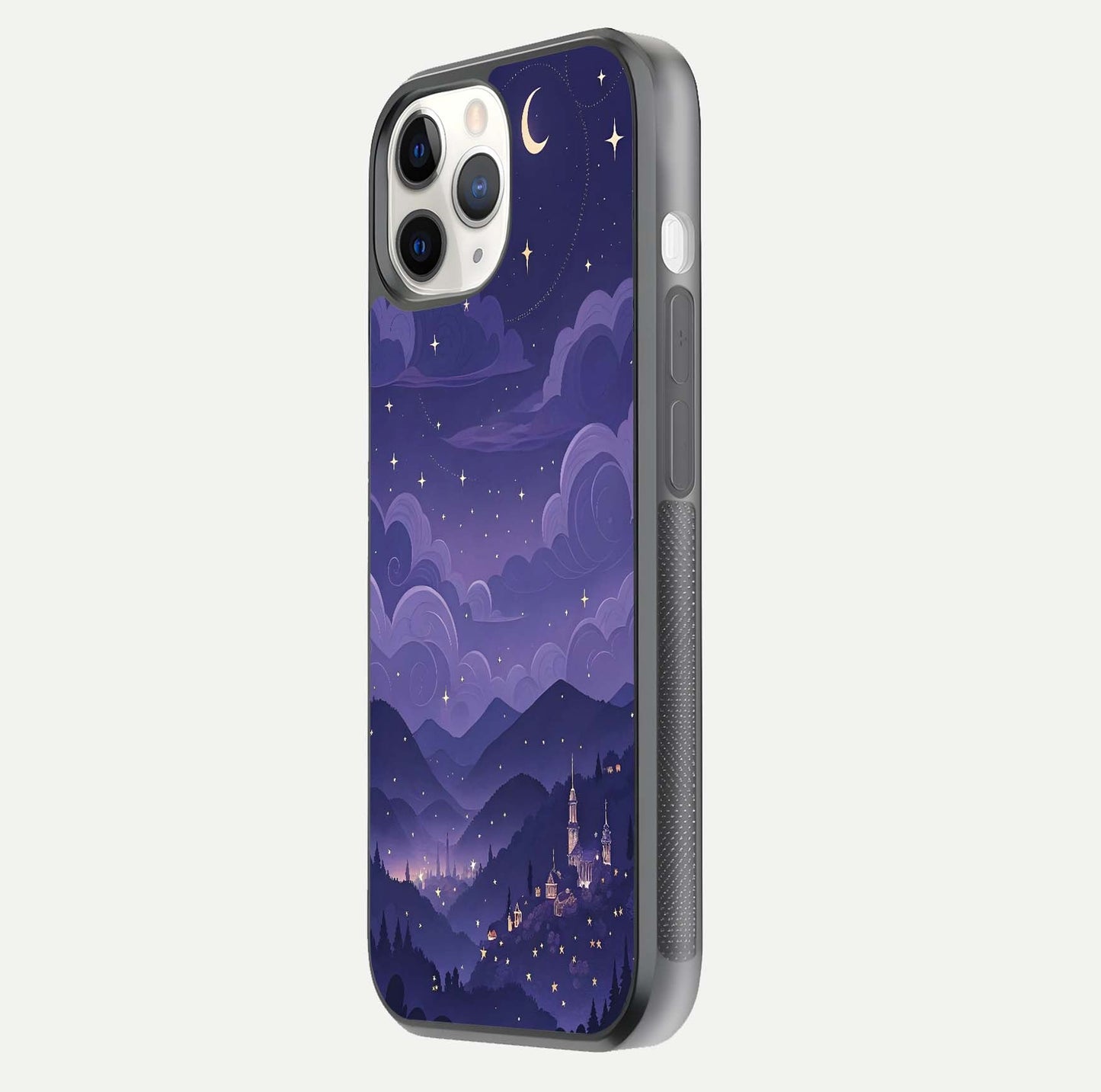 Minimal Night View Glass Case for iPhone 11 Pro side-angle image showing subtle reflection and urban design