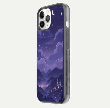 Minimal Night View Glass Case for iPhone 11 Pro side-angle image showing subtle reflection and urban design
