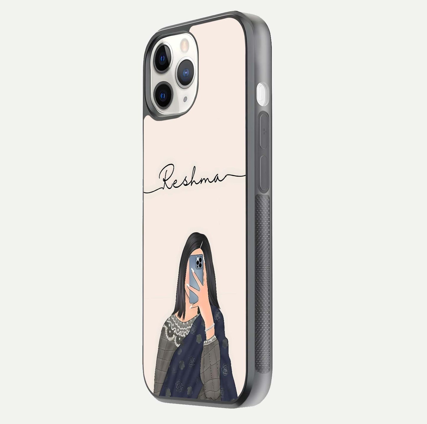 Mirror Mood Muse Custom Name Glass Case for iPhone 11 Pro side-angle image emphasizing glossy mirror texture