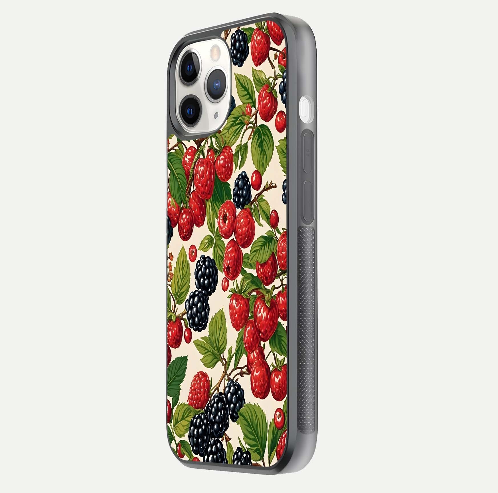 Mixed Berry Collage Glass Case for iPhone 11 Pro side-angle image showing reflection and HD fruit texture