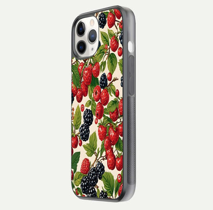 Mixed Berry Collage Glass Case for iPhone 11 Pro side-angle image showing reflection and HD fruit texture