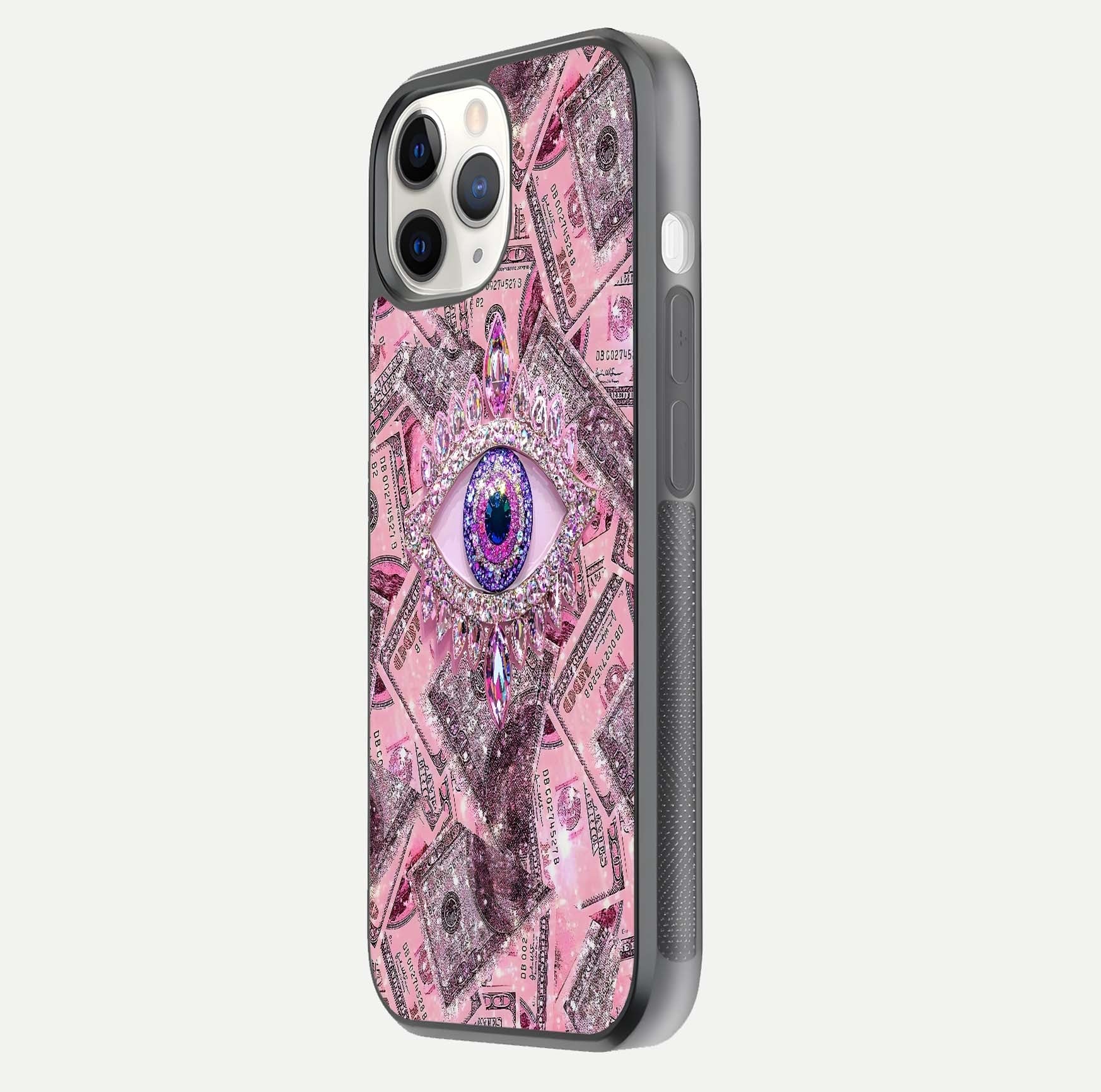 Money Eye Luxe Glass Case for iPhone 11 Pro side-angle image showing HD reflection and luxury print clarity