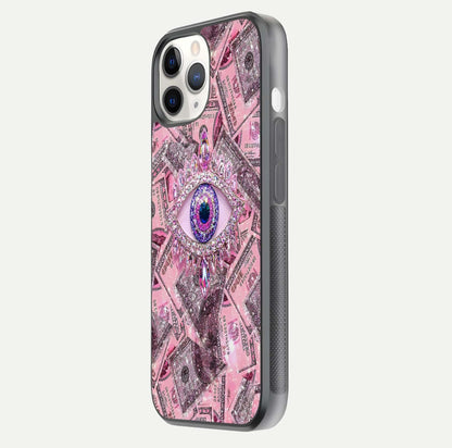 Money Eye Luxe Glass Case for iPhone 11 Pro side-angle image showing HD reflection and luxury print clarity