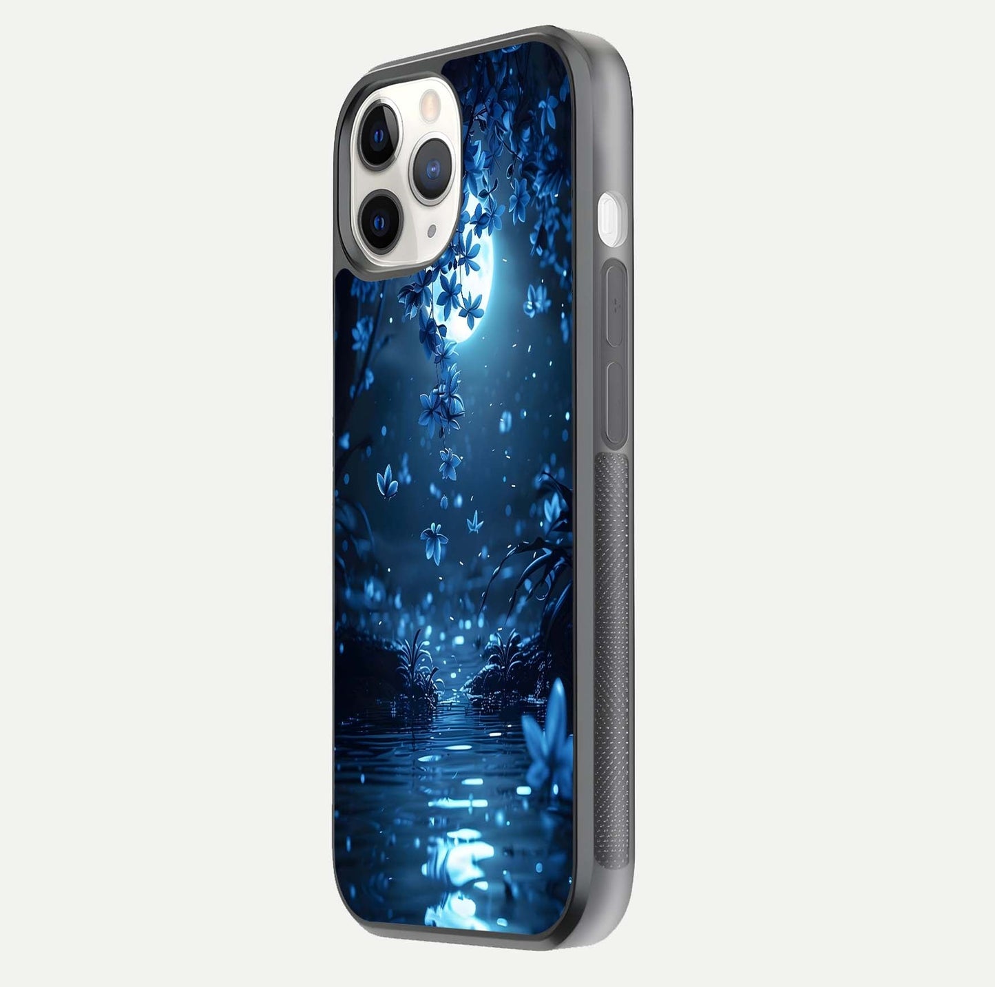 Moonlight Petal Dream Glass Case for iPhone 11 Pro side-angle image showing reflection and petal detail