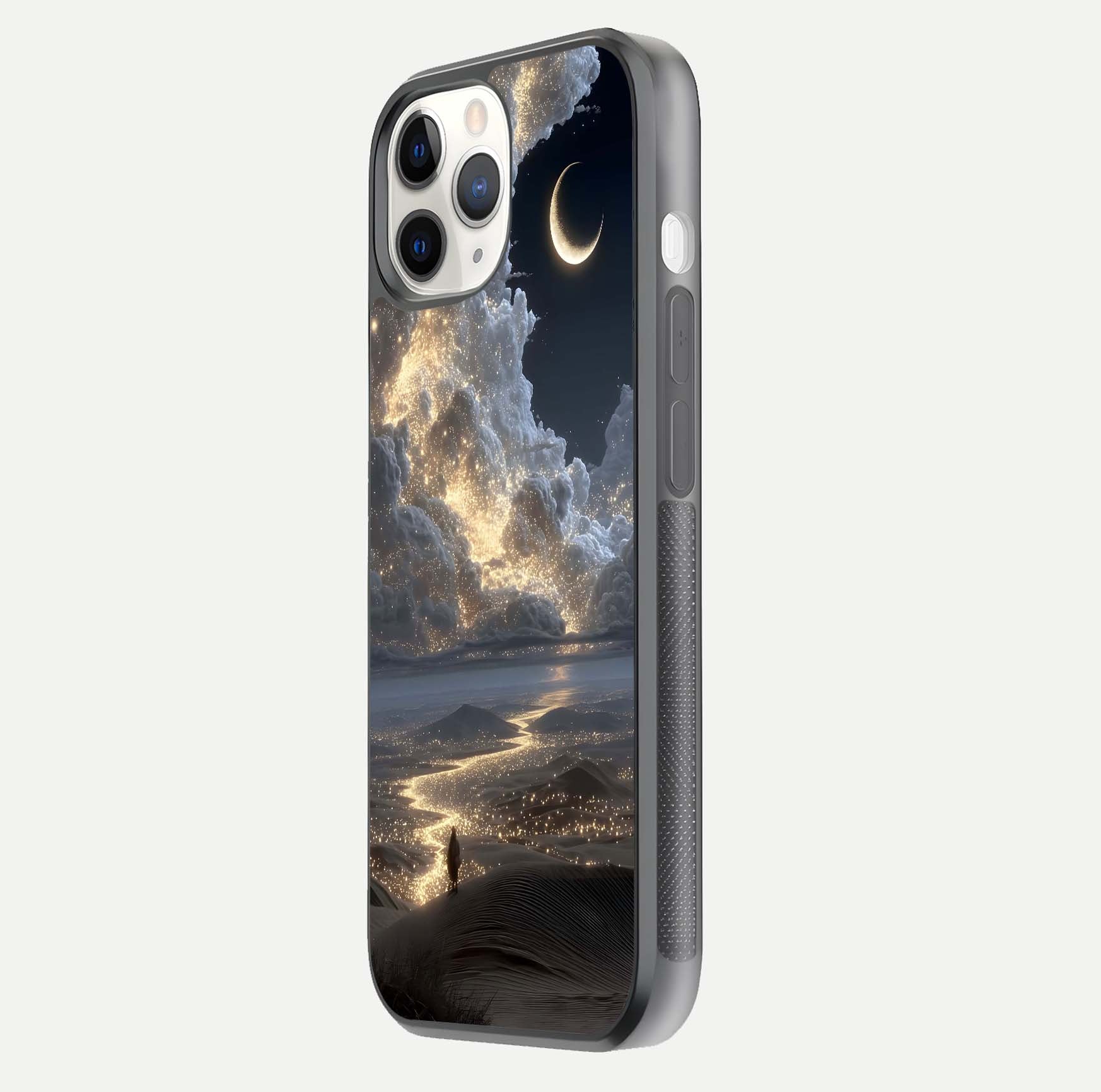 Moonlight Spark Path Glass Case for iPhone 11 Pro side-angle image showing reflection and moonlit detail