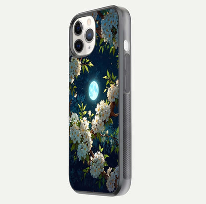 Moonlit Blossom Dream Glass Case for iPhone 11 Pro side-angle image showing shine depth and flower glow