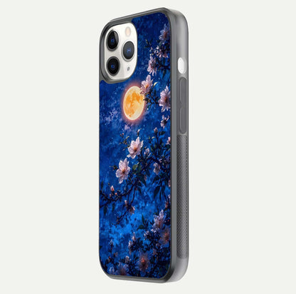 Moonlit Blossoms Night Glass Case for iPhone 11 Pro side-angle image revealing shine and night bloom texture