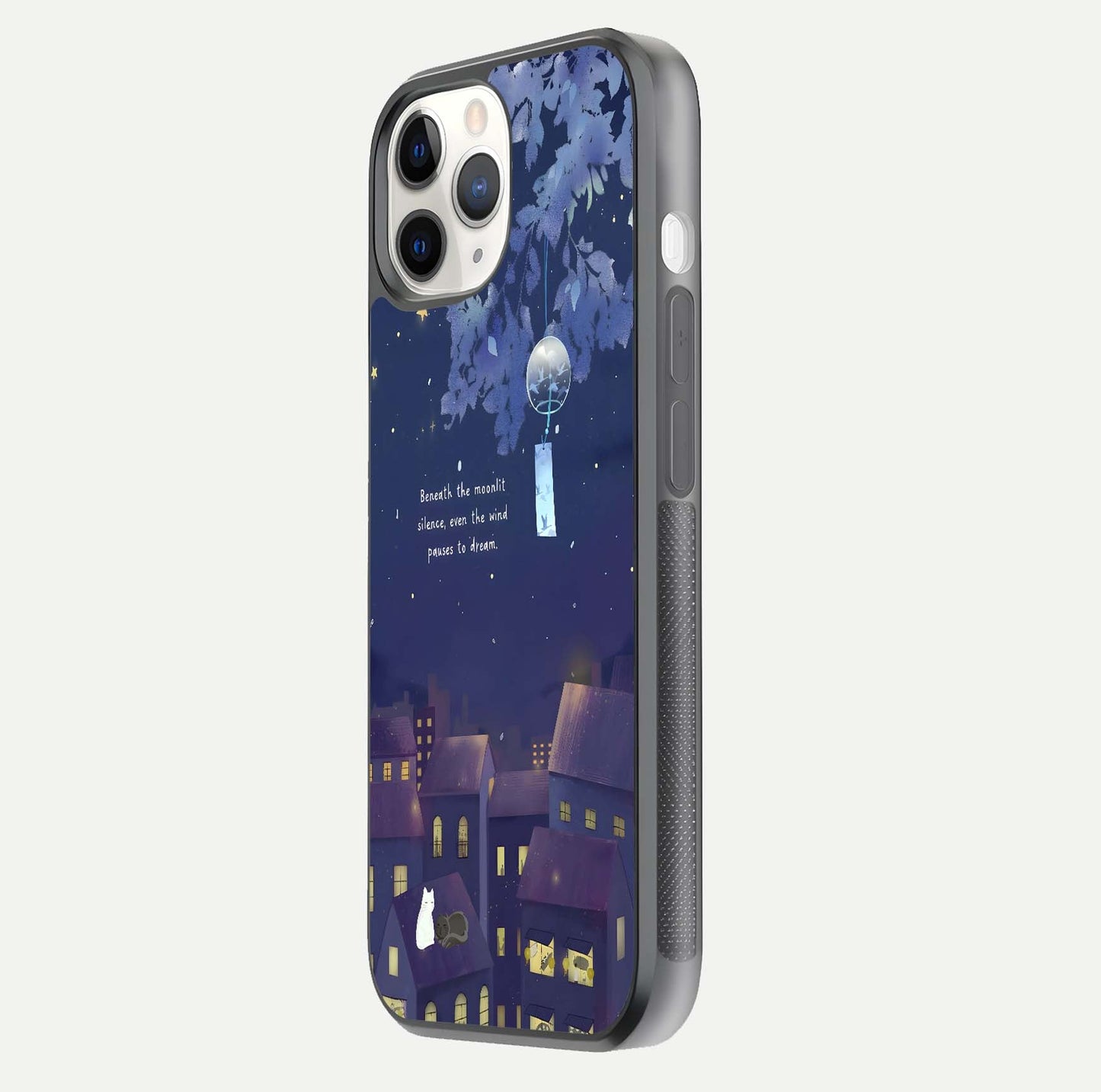 Moonlit Cat Silence Glass Case for iPhone 11 Pro side-angle image showing HD gloss and feline artwork detail
