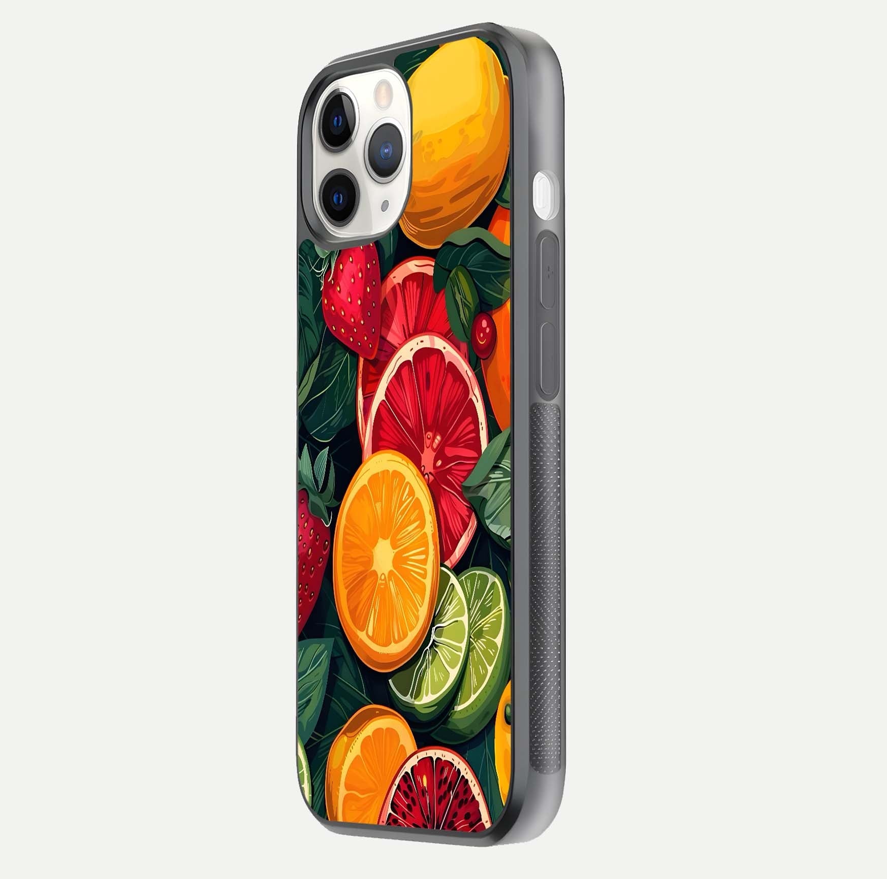Multiple Fruits Glass Case for iPhone 11 Pro side-angle image showing glossy surface and vivid fruit pattern