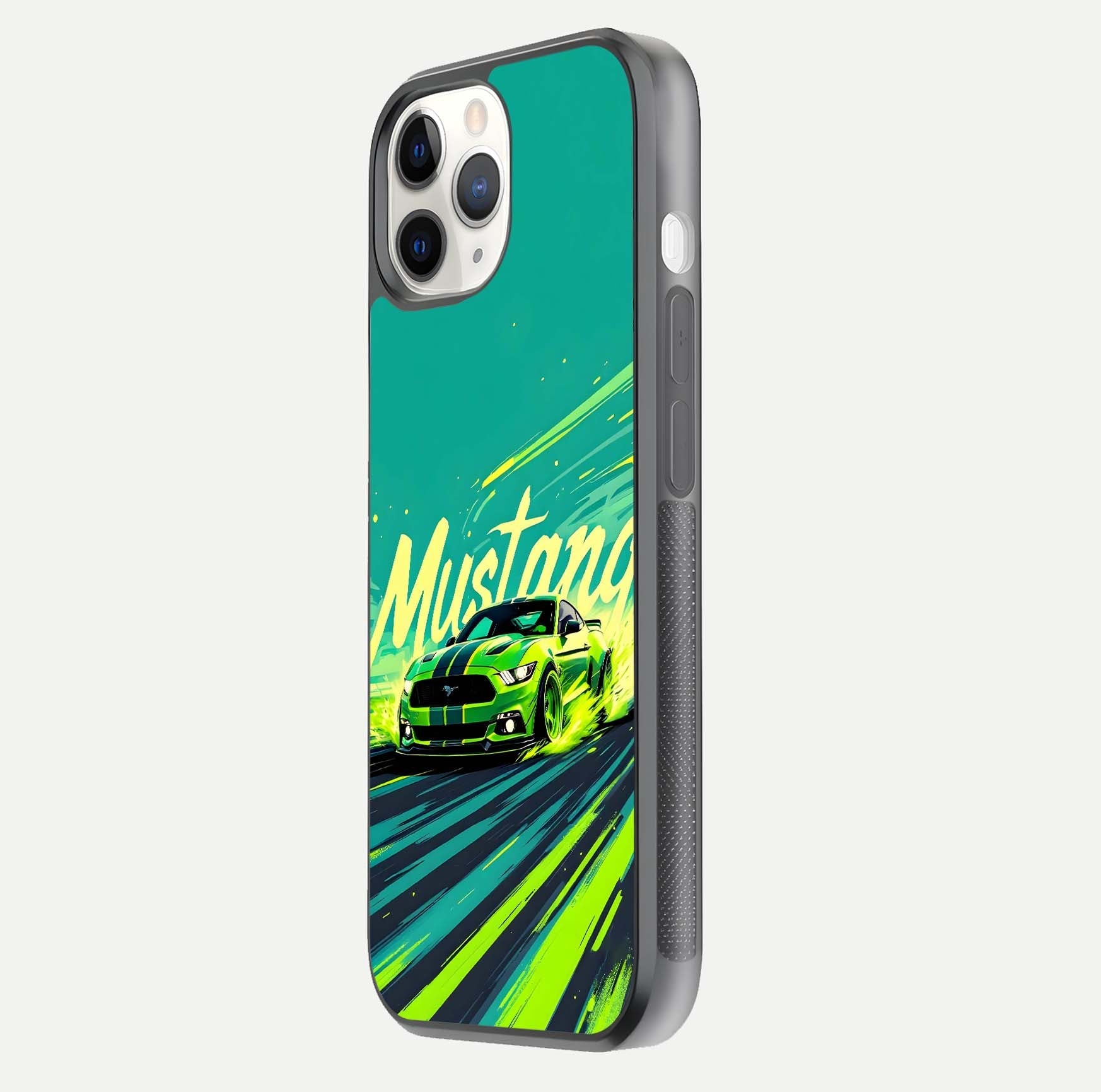 Mustang Bang Glass Case for iPhone 11 Pro side-angle image showing reflection clarity and bold car artwork