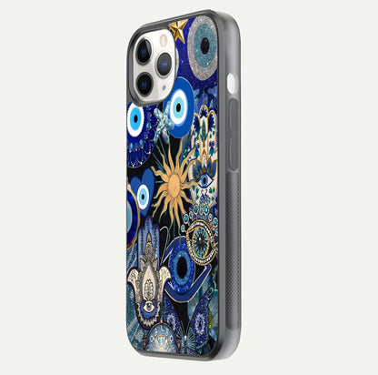 Mystic Blue Evil Eye Glass Case for iPhone 11 Pro side-angle image showing smooth gloss and charm design
