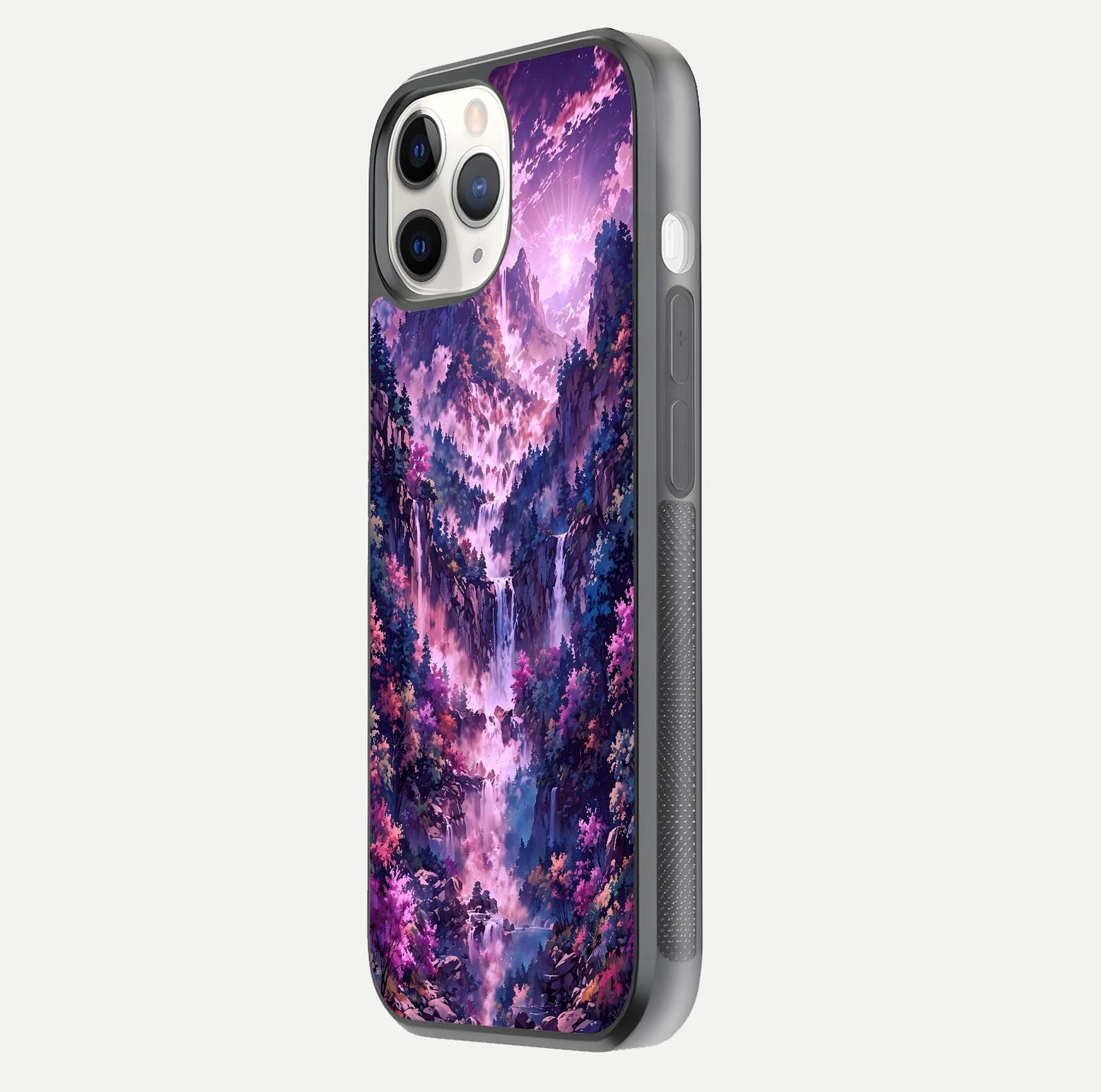 Mystic Cascade Peaks Glass Case for iPhone 11 Pro side-angle image showing reflection and scenic art clarity