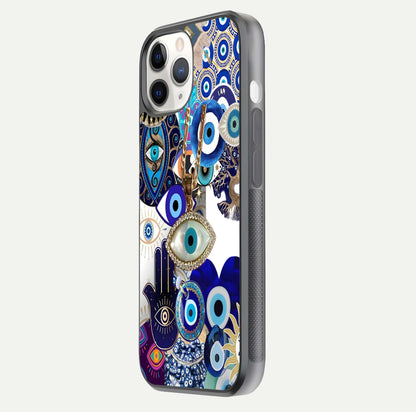 Mystic Charm Eye Glass Case for iPhone 11 Pro side-angle image showing HD reflection and sacred tone