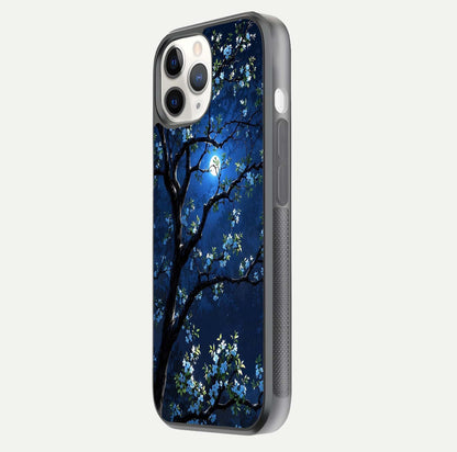 Mystic Floral Night Glass Case for iPhone 11 Pro side-angle image showing gloss surface and midnight floral tones