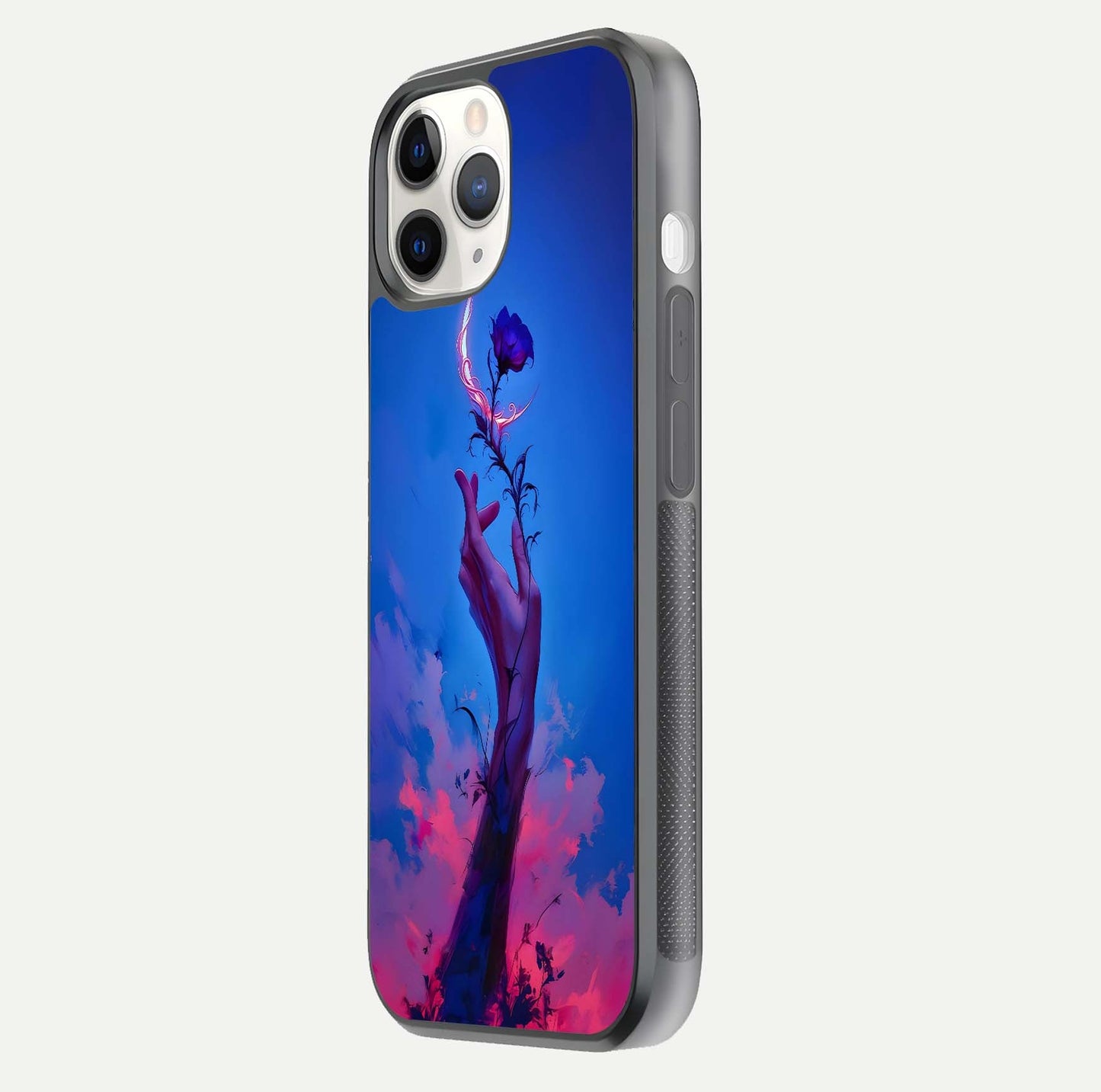 Mystic Hand Glass Case for iPhone 11 Pro side-angle image showing reflection depth and sacred aesthetic