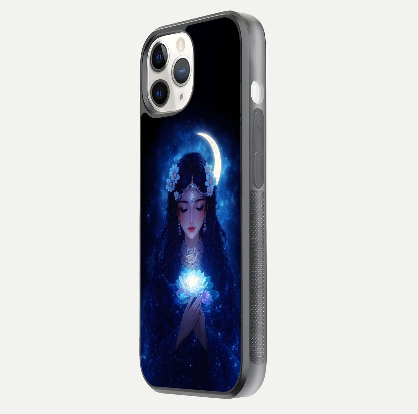 Mystic Moon Queen Glass Case for iPhone 11 Pro side-angle image showing reflection and celestial details