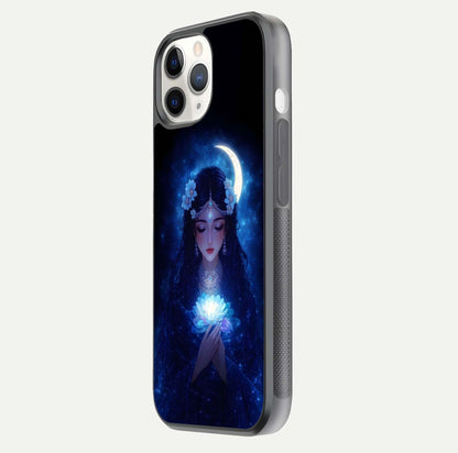 Mystic Moon Queen Glass Case for iPhone 11 Pro side-angle image showing reflection and celestial details