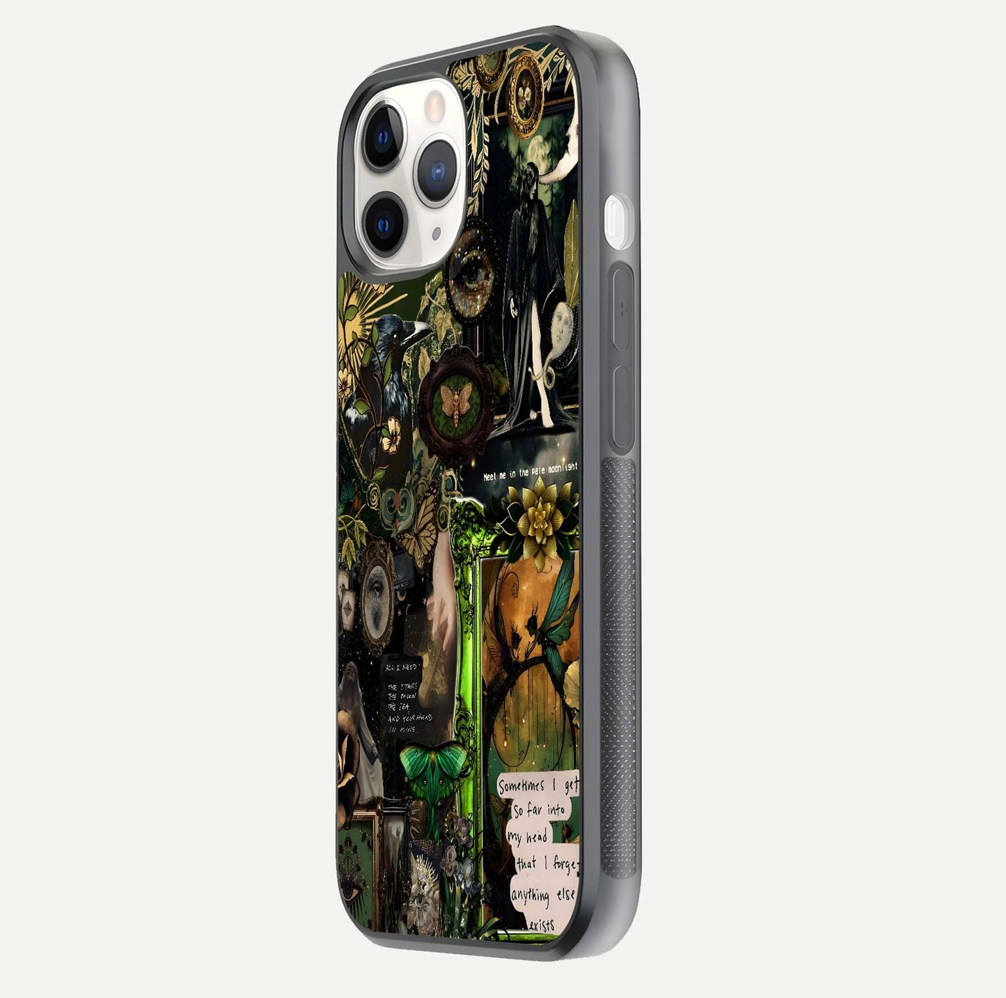 Mystic Woods Secret Glass Case for iPhone 11 Pro side-angle image showing gloss reflection and forest pattern