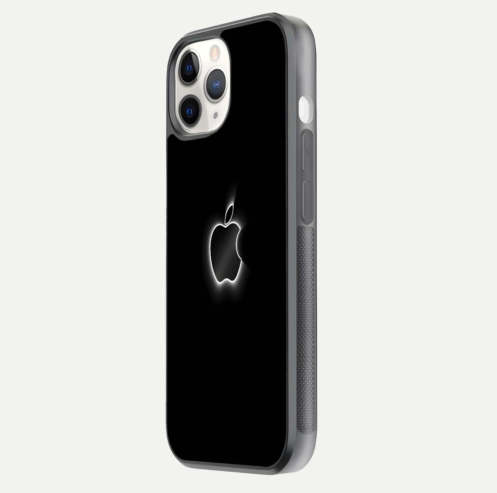Neon Apple Glow Glass Case for iPhone 11 Pro side-angle image showing light reflection and glow effect
