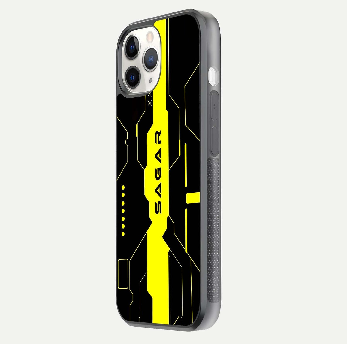 Neon CYBERPUNK Custom Name Glass Case for iPhone 11 Pro side-angle image showing glow depth and bold print