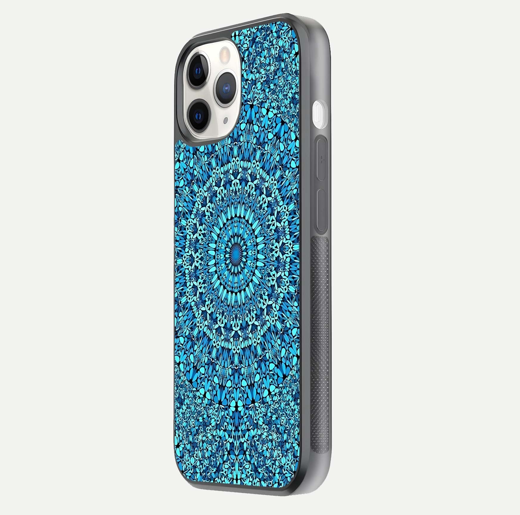 Ocean Bloom Mandala Glass Case for iPhone 11 Pro side-angle image showing reflection and detailed floral pattern