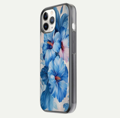 Ocean Hibiscus Grace Glass Case for iPhone 11 Pro side-angle image showing smooth texture and hibiscus details