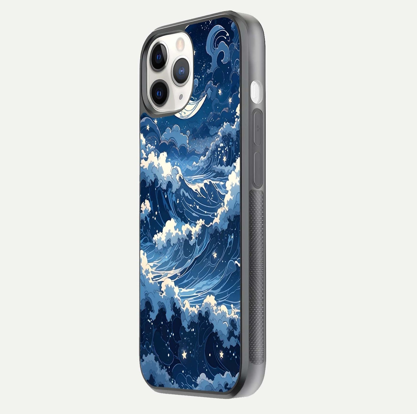 Ocean Moon Waves Glass Case for iPhone 11 Pro side-angle image showing shine and ocean gradient tones