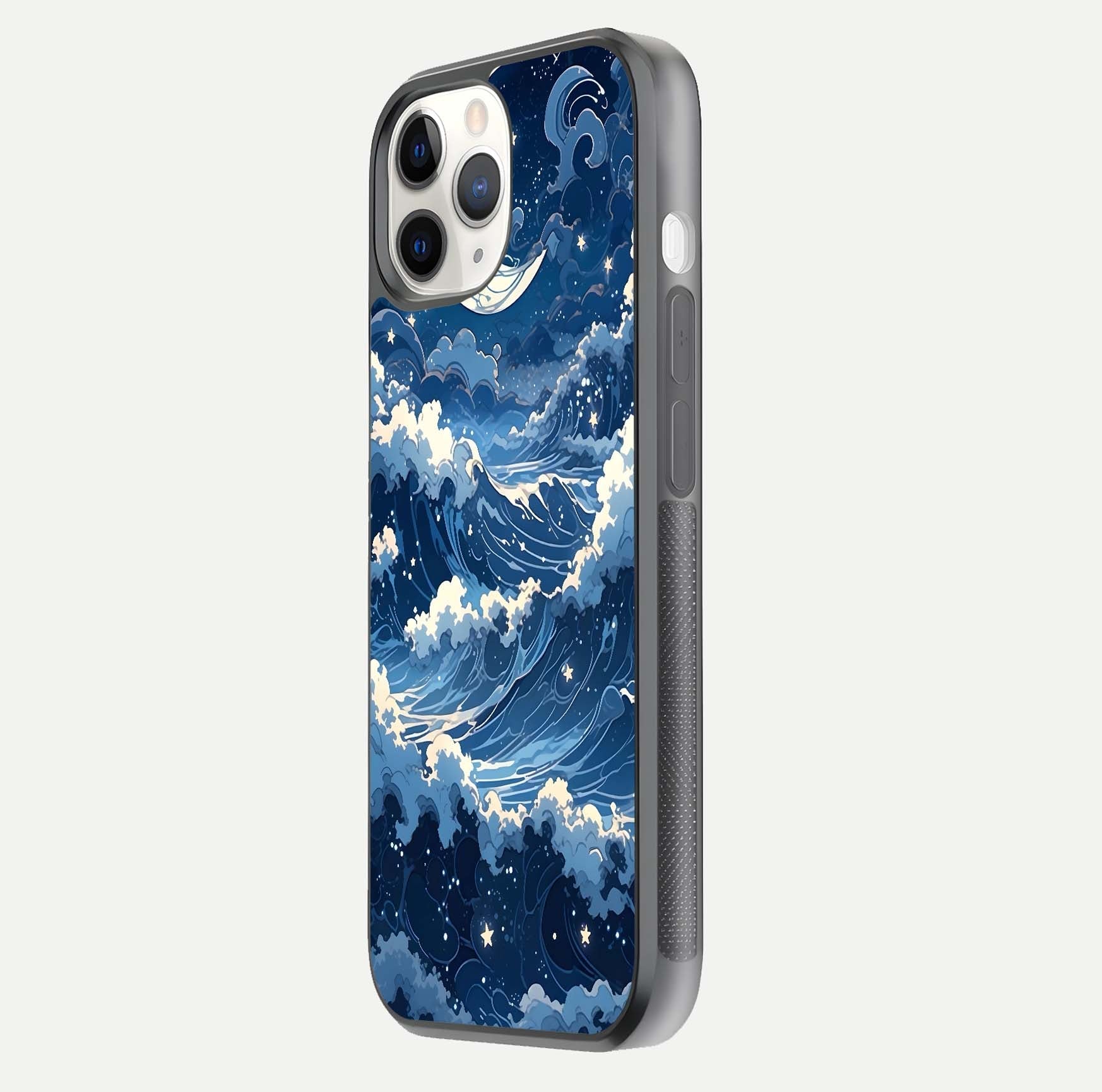 Ocean Moon Waves Glass Case for iPhone 11 Pro side-angle image showing shine and ocean gradient tones