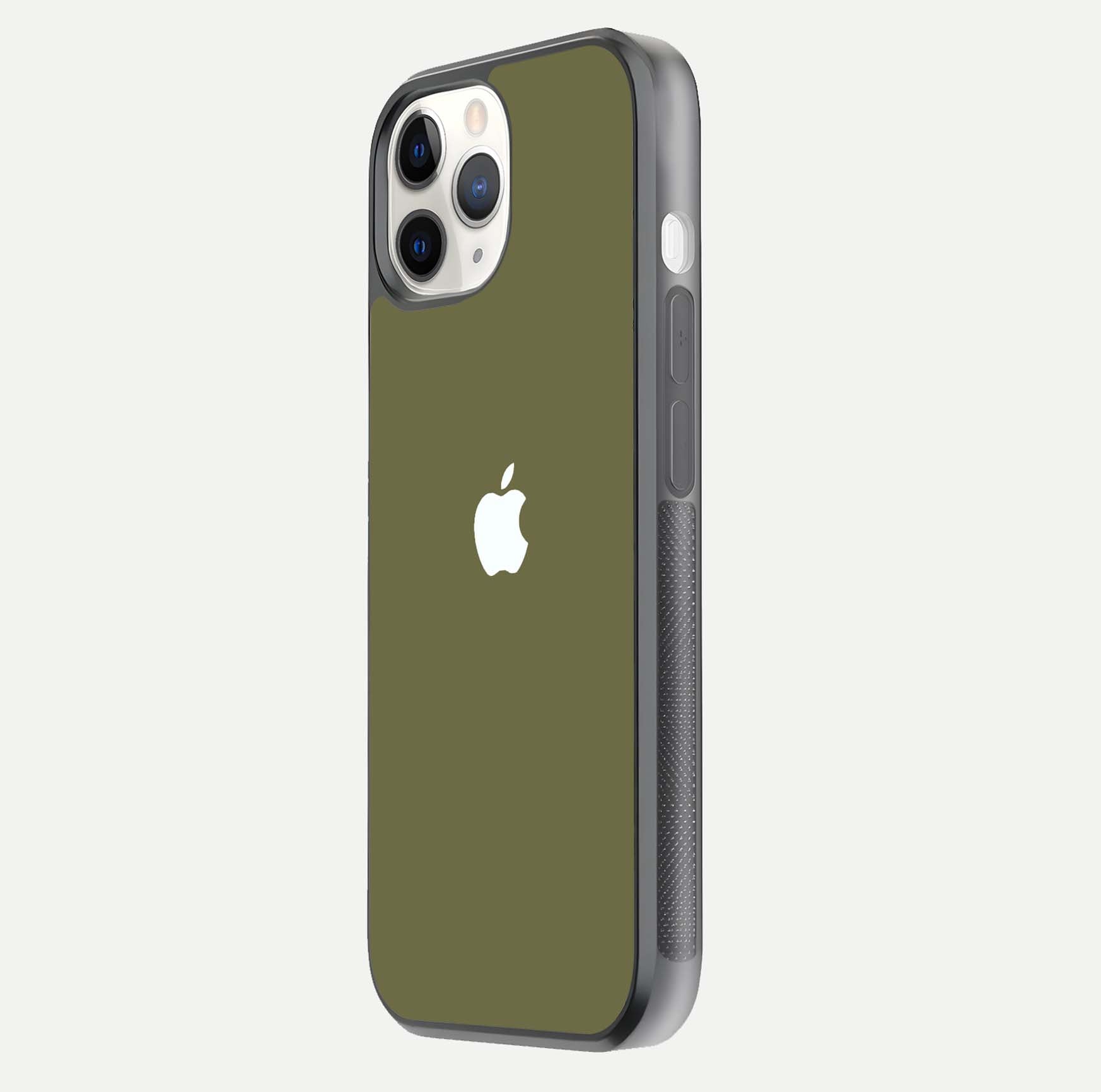 Olive Matte Essence Glass Case for iPhone 11 Pro side-angle image showing soft hue and elegant smooth surface