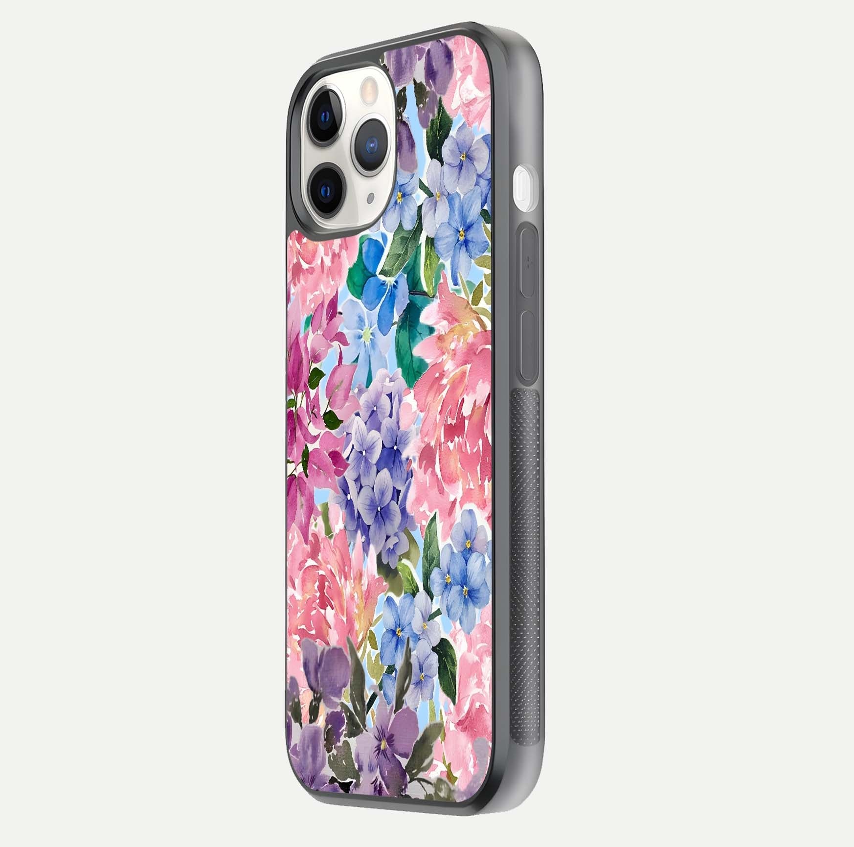 Pastel Floral Mix Glass Case for iPhone 11 Pro side-angle image showing reflection and delicate pastel hues