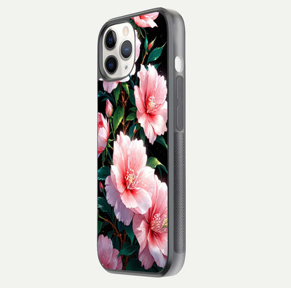 Peach Flower Glass Case for iPhone 11 Pro side-angle image showing gloss depth and peach blossom detail