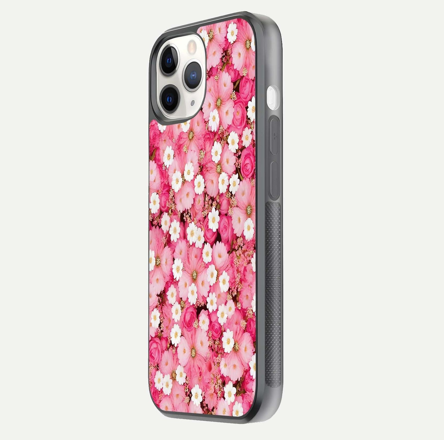 Pink Daisy Bliss Glass Case for iPhone 11 Pro side-angle image showing delicate daisy pattern and glass reflection