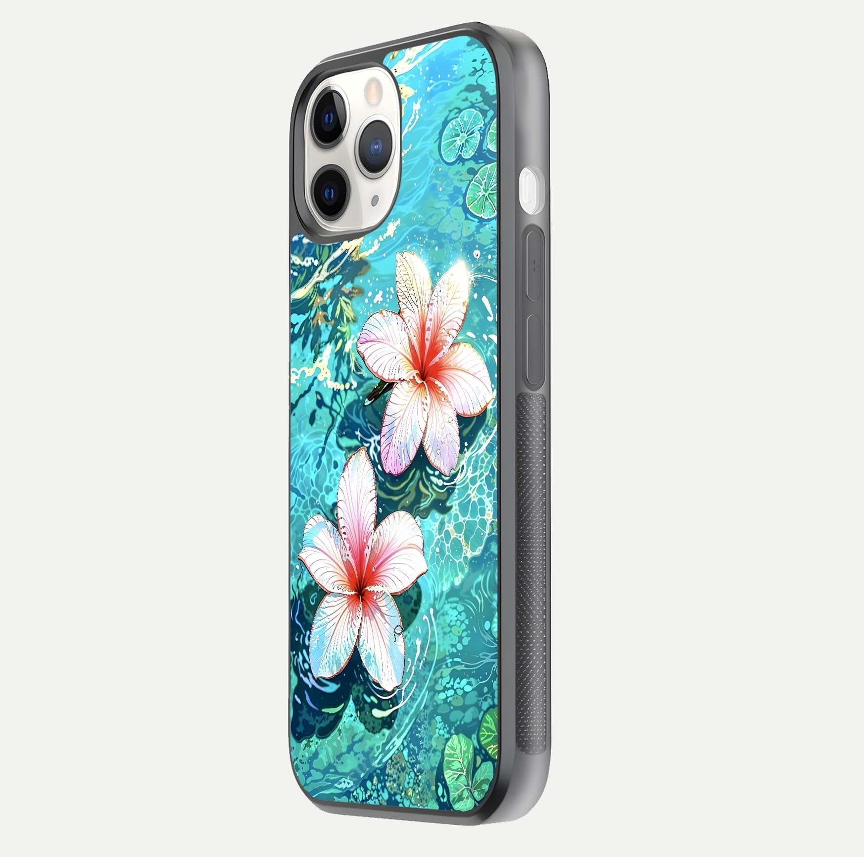 Pink Flowers in Water Glass Case for iPhone 11 Pro side-angle image showing reflection and depth of detail