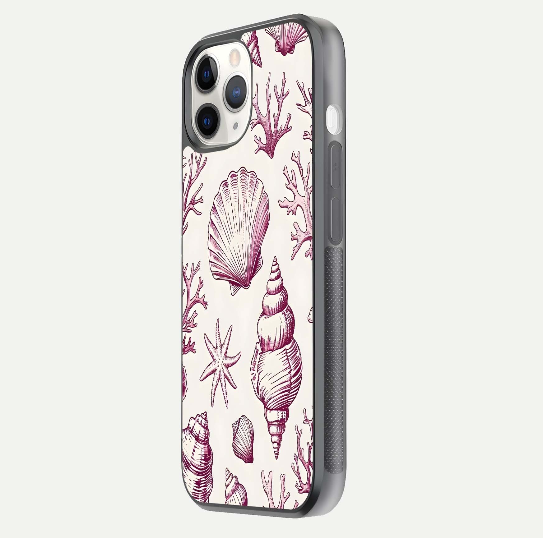 Pink Shells Outline Glass Case for iPhone 11 Pro side-angle image showing shine and intricate outline texture