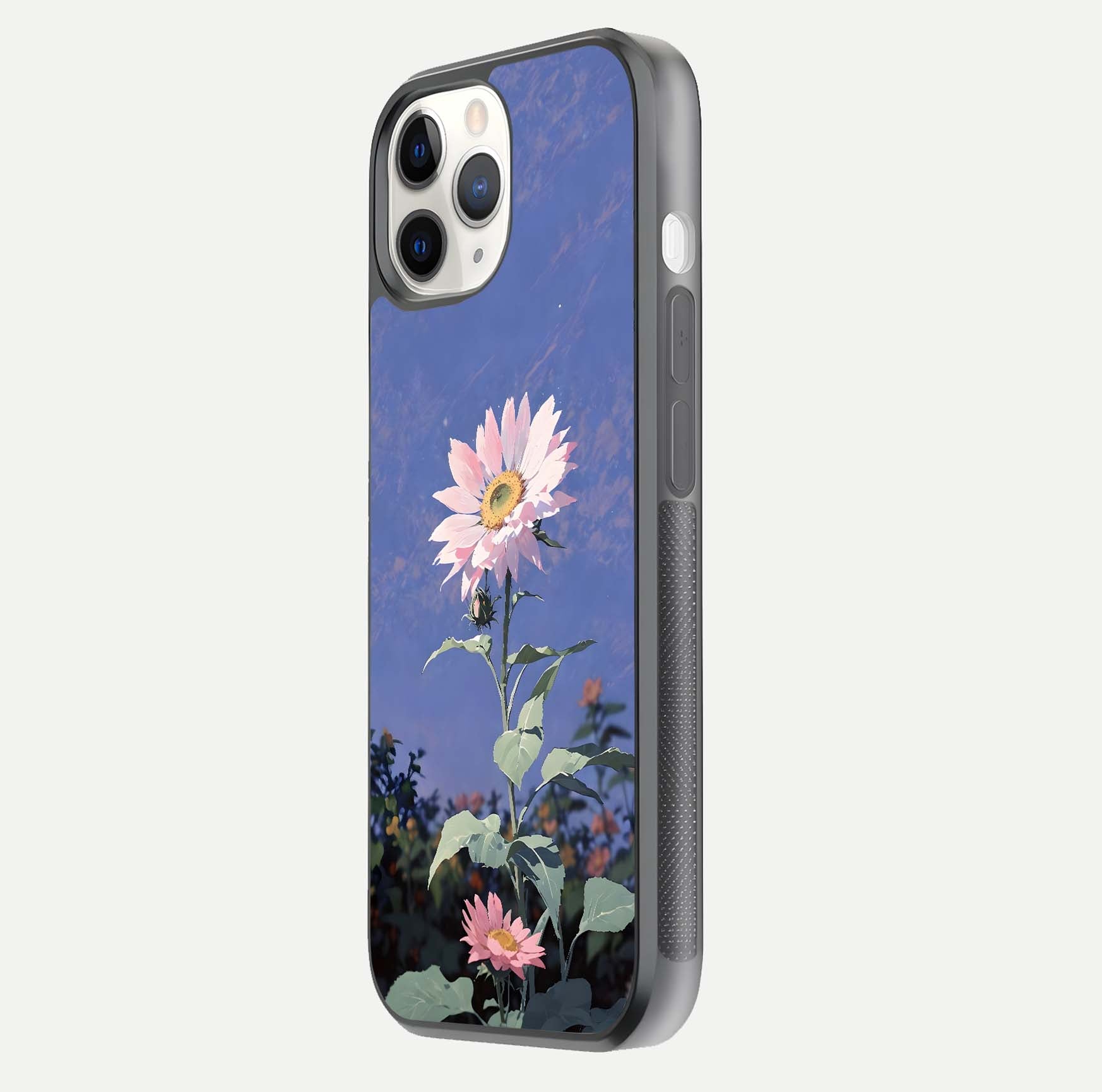 Pink Sunflower Glow Glass Case for iPhone 11 Pro side-angle image showing glossy edges and vivid sunflower tones