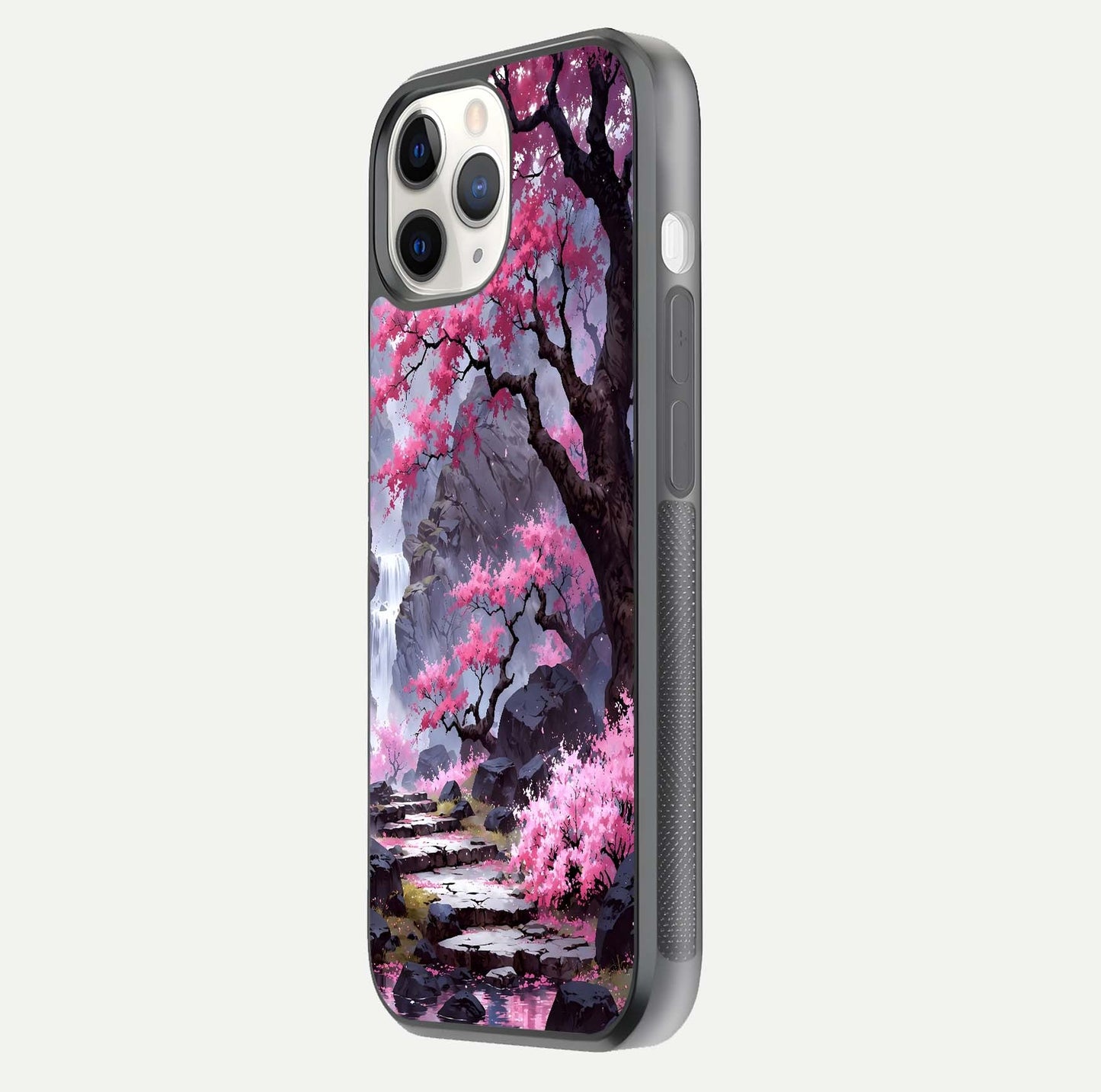 Pinkish Scenery Glass Case for iPhone 11 Pro side-angle image showing depth, gloss, and scenic details