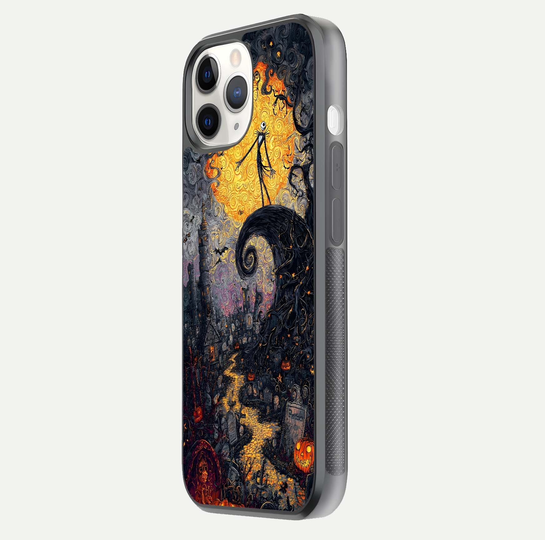 Pumpkin Moon Night Glass Case for iPhone 11 Pro side-angle image showing reflection depth and pumpkin pattern
