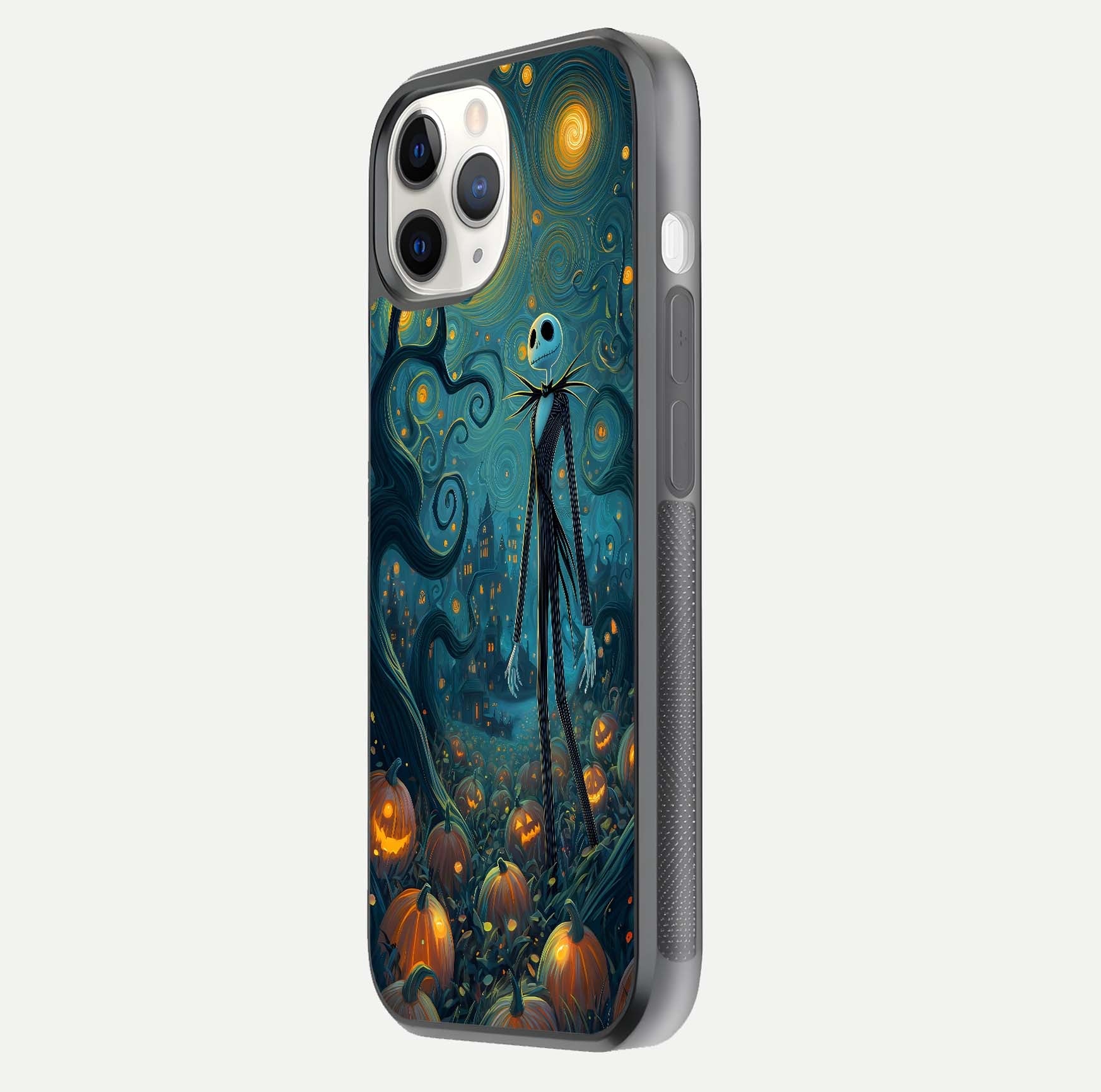 Pumpkin Moonlight Tale Glass Case for iPhone 11 Pro side-angle image showing glow texture and Halloween vibe