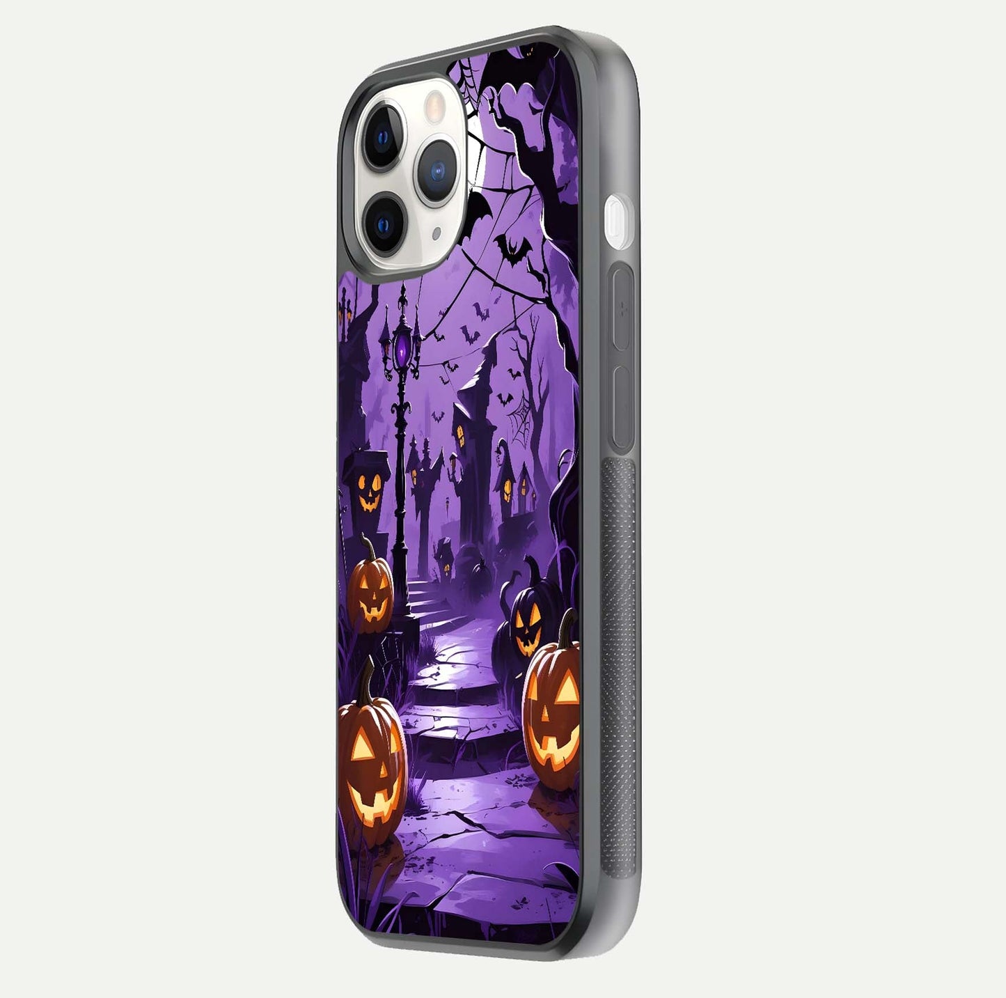 Pumpkin Patch Halloween Glass Case for iPhone 11 Pro side-angle image showing shine, camera cutout, and spooky art